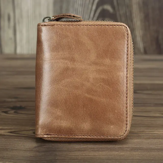 Short Organizer Wallet Man With Zipper Around Genuine Leather Male Coin Purse Crazy Horse Leather Card Holder For Boys Vintage Color 3