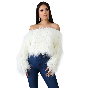 

Winter Women Slash Neck Sweaters Sexy Fur Girls Sweaters Vintage Gradient Full Sleeve Pullovers Sweater Tops Casual Clothes