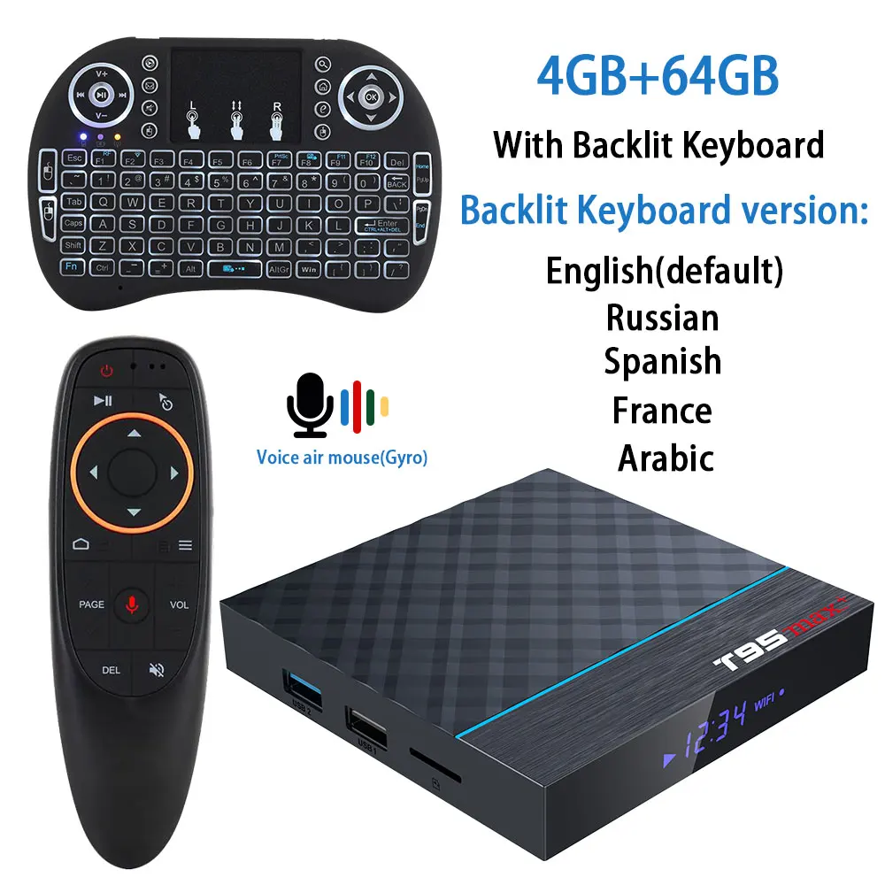 T95 MAX+ Android 9,0 ТВ BOX Amlogic S905X3 set top tv BOX Netflix голосовой помощник двухъядерный процессор Wi-Fi 4K Google Play StoreMedia - Цвет: 64G Aimouse keyboard