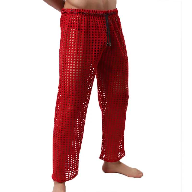 Men Pyjamas Trousers Mesh Home Pants Fishnet Transparent Casual Breathable Homewear Lacing Sexy Sleep Bottoms Loose Lounge Pants