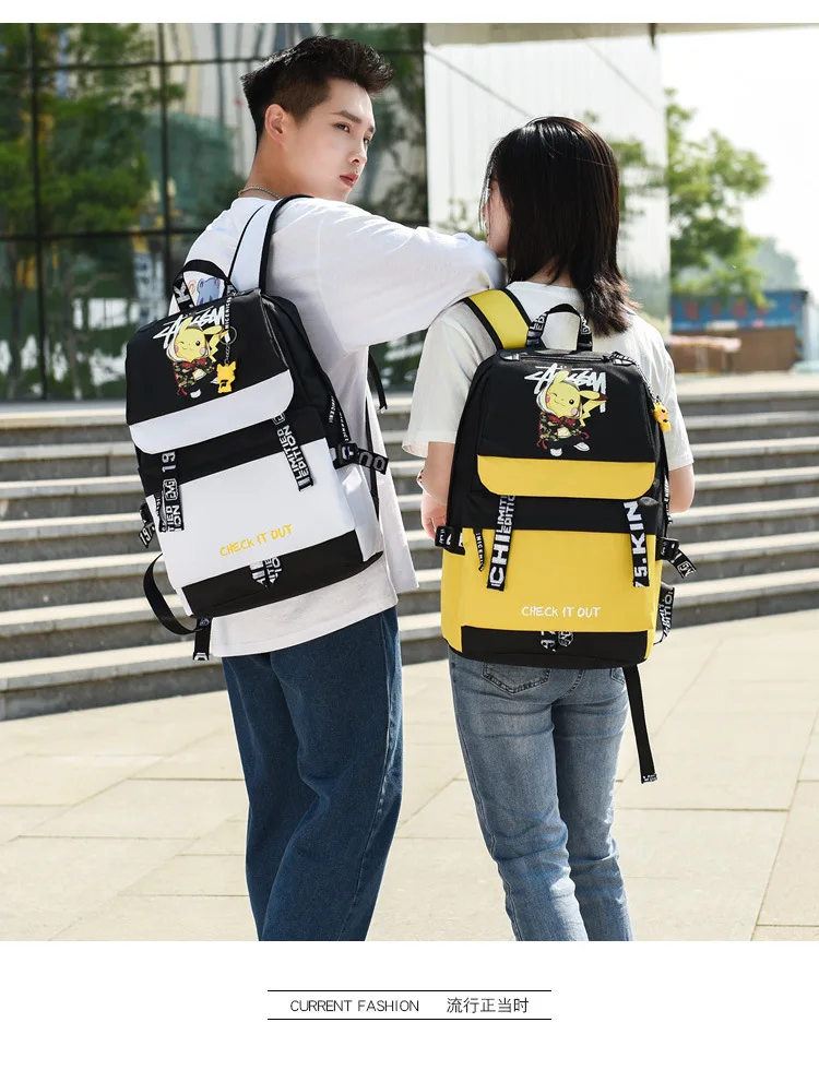 Action Large Pikachu Backpack with USB Charge Line Student Schoolbag Cute Cartoon Pikachu Couple Bags Quality Canvas Bag Gift