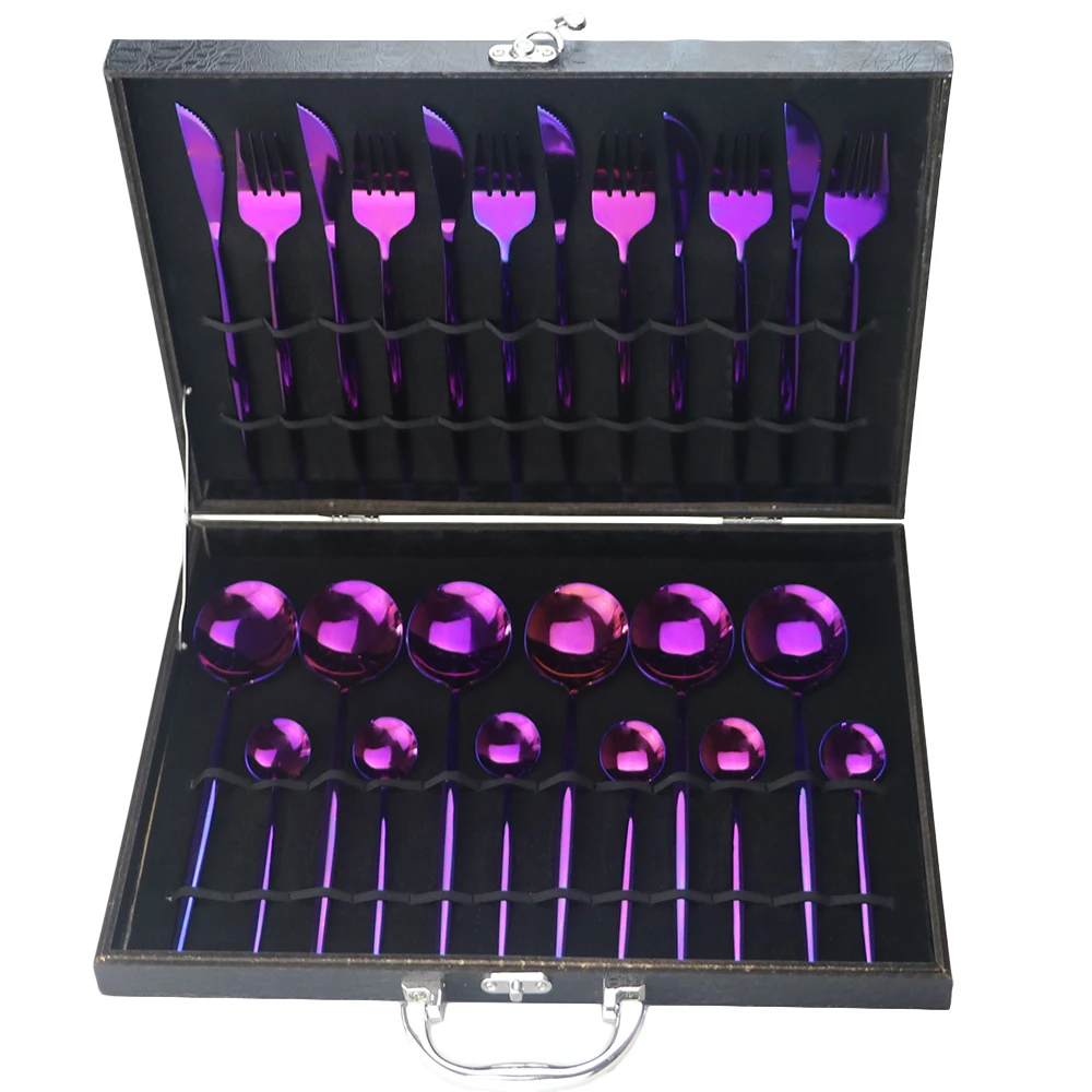 Luxury Cutlery Set Gold Dinnerware Set 18/10 Stainless Steel Tableware Fork Knife Spoon Dinner Set Kitchen Silverware With Box - Цвет: 24Pcs Purple
