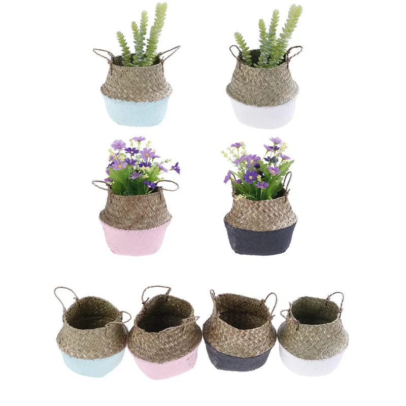 

Handmade Wicker Basket Bamboo Seagrass Flower Pot Storage Basket Foldable Straw Patchwork Rattan Seagrass Belly Garden Decor