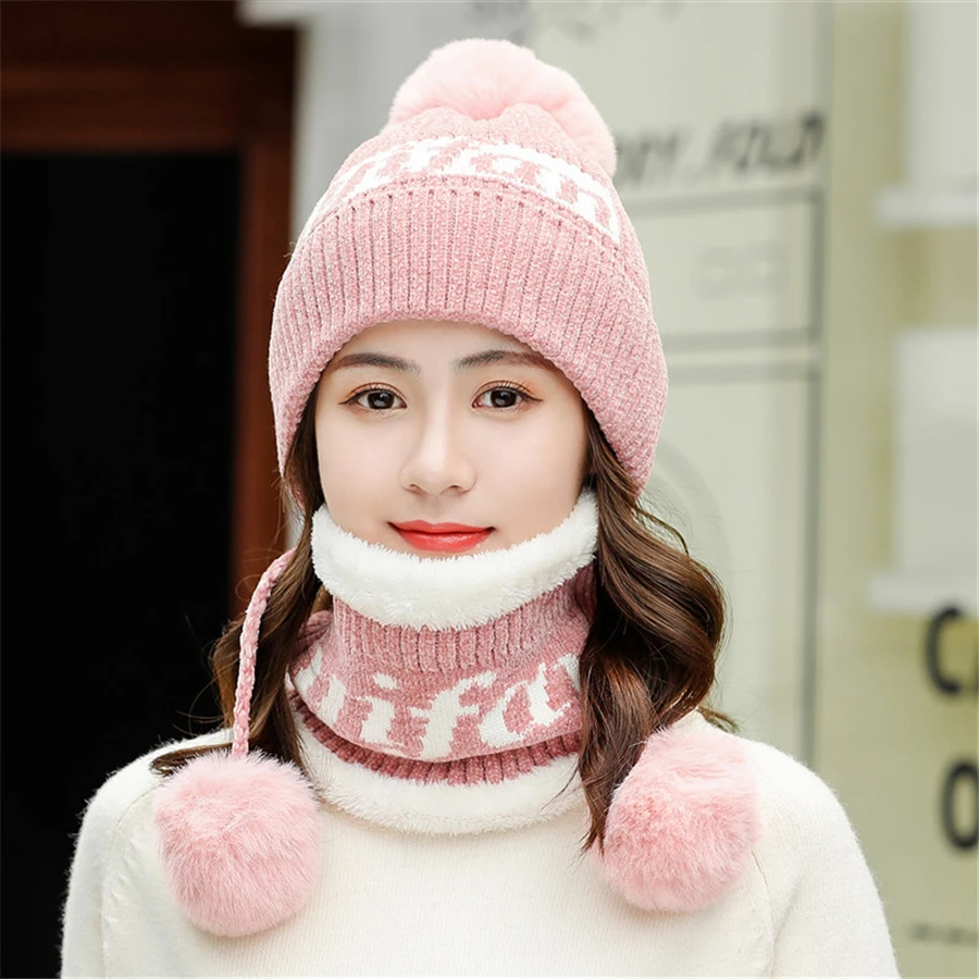 

New Winter Chenille Knit Hats Women Warm Three Hair Ball Skullies Wool Hat Lady Cute Velvet Thick Sets 2 Bonnet Cap with Bib