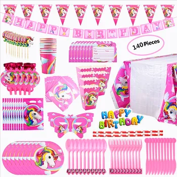 

140pcs Unicorn happy Birthday Kids Party Paper Cup Plate Banner Sets for Kids Birthday Party Decoration Girl Anniversary