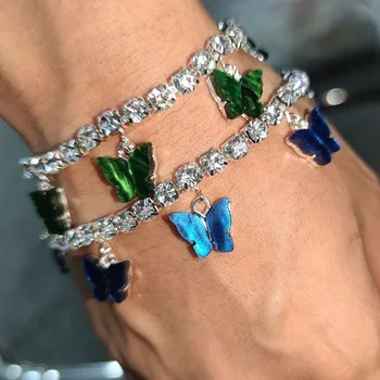 

2020 new Blue Green Butterfly Bracelet Hand Jewelry Bling Rhinestones Diamond Chich 90s vintage tumblr soft grunge indie style