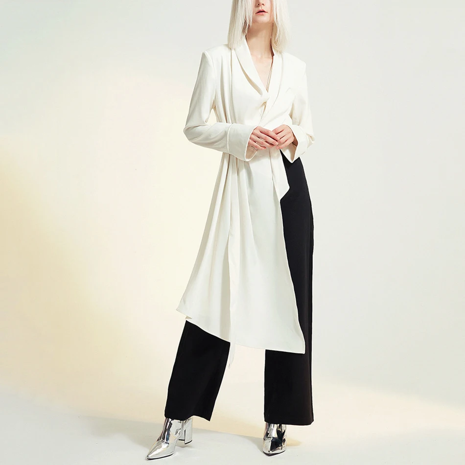 Winter Winter New V-Neck Long-Sleeved White Button Belt Solid Color Irregular Shirt Blouse Fashion Tide