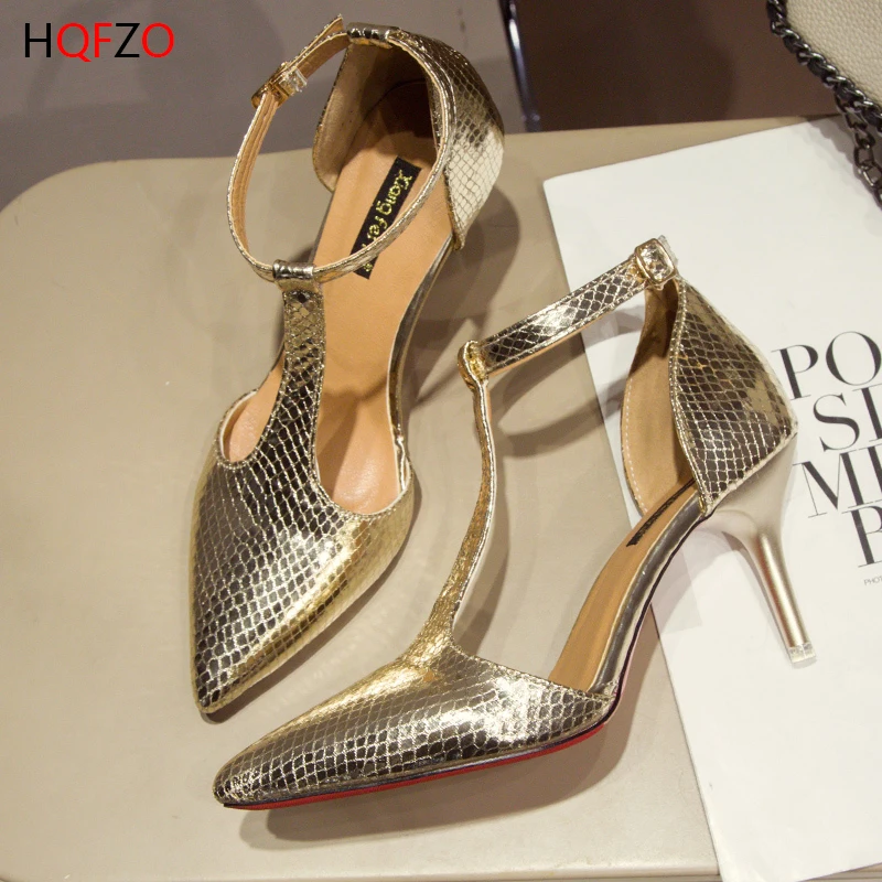 

HQFZO 2020 New Women Shoes Strap Jump Pumps Sexy High Heels Pointed Toe Office Ladies Shoes Wedding Party Silver 7cm