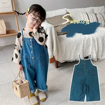 

3391 2020 Spring Children's Jeans With Belt Pants Baby Korean Casual Pants Loose Wide Leg Buttons Denim Pants For Girls Overalls
