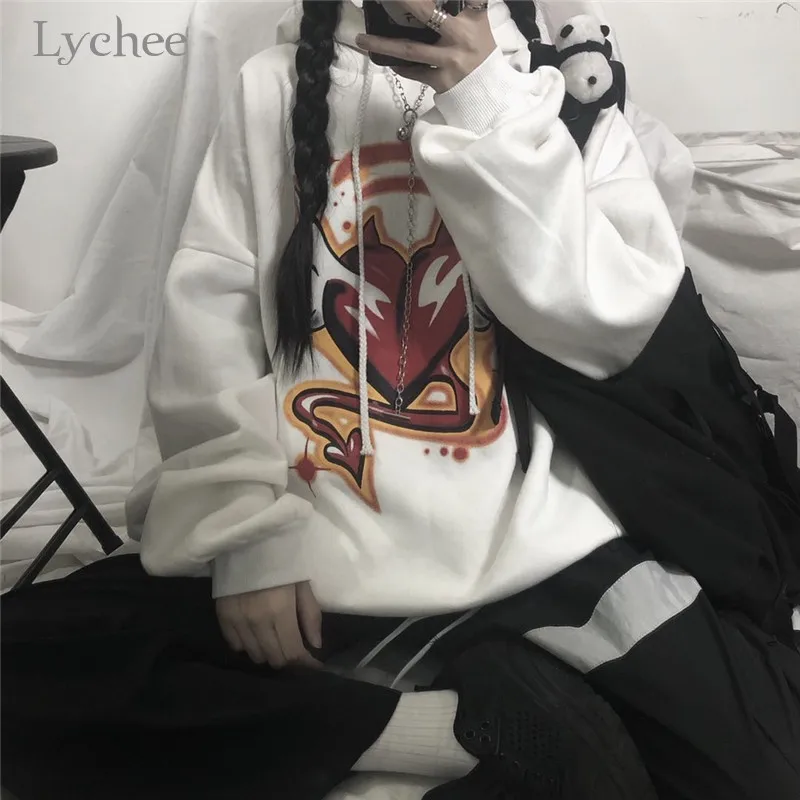 Lychee Harajuku, Женские флисовые толстовки с капюшоном и принтом «Темное сердце», повседневные свободные женские толстовки, весенние, осенние, зимние женские топы