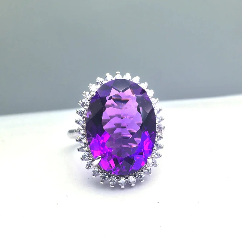 

CSJ Big Stone Amethyst quartz gemstone elegant Ring Sterling 925 Silver Fine Jewelry For Women Lady or mother Gift Box