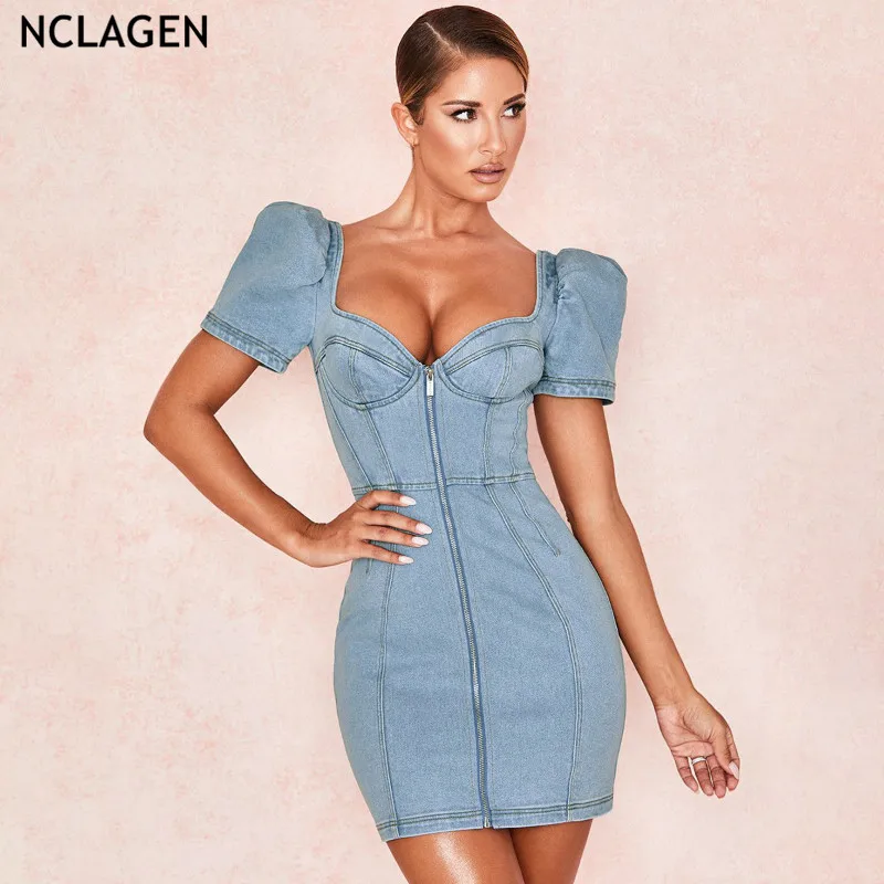 

NCLAGEN 2019 Women Sexy Denim Dress Zipper Short Puff Sleeve Hip Package Mini Bodycon Low Bust Jeans Dress Girls Pencil Dress