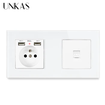 

UNKAS Luxury Glass Panel 2 Gang Wall 16A French Standard 172mm * 86mm + Dual USB Charge Port Female RJ11 Telephone Jack Outlet