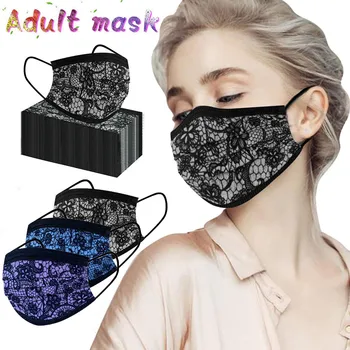 

50pc Adult Lace Disposable Protection Three Layer Nonwov Breathable Face Mask Top Quality Windproof Dustproof Masque Mascarilla