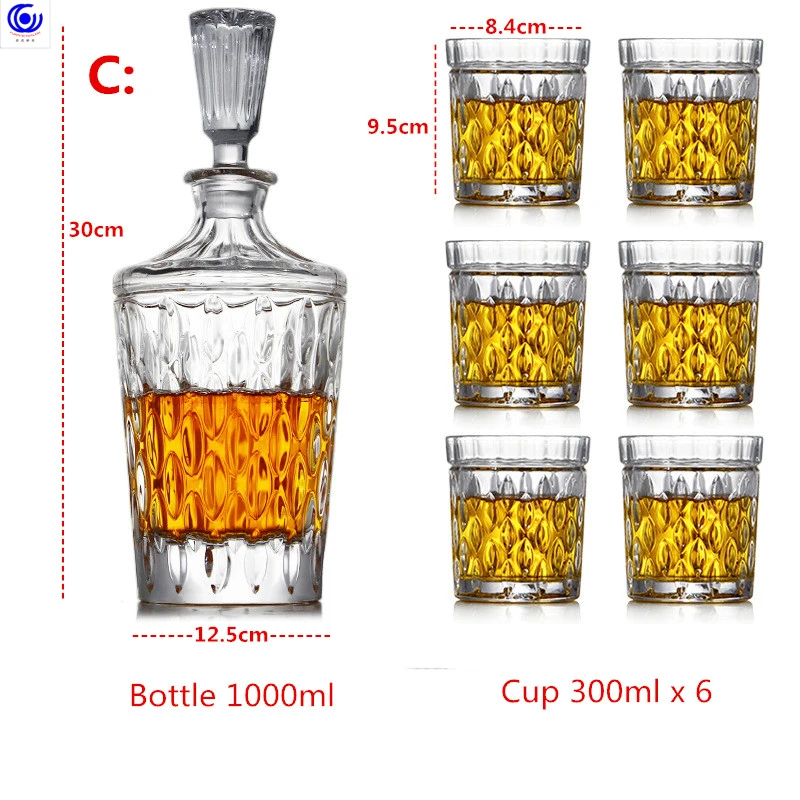 C1000ml300mlX6 Креативный хрустальный стеклянный графин для виски и вина с 4-6 чашками кувшин для воды посуда для напитков Бессвинцовая барная посуда Бутылка водка набор для барменов - Цвет: C1000ml300mlX6