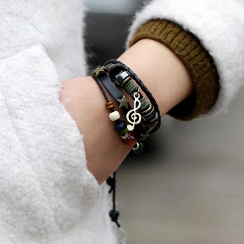 Vintage Punk Multilayer Leather Bracelet Man Women Fashion Note Accessory Bead Bracelets Charm Jewelry Wrap Adjustable Wristband