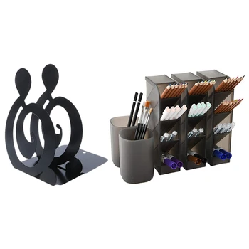 

1 Pair Musical Note Metal Bookends Iron Support Holder & 5 Pcs Pen Organizer Storage Desk Organizer