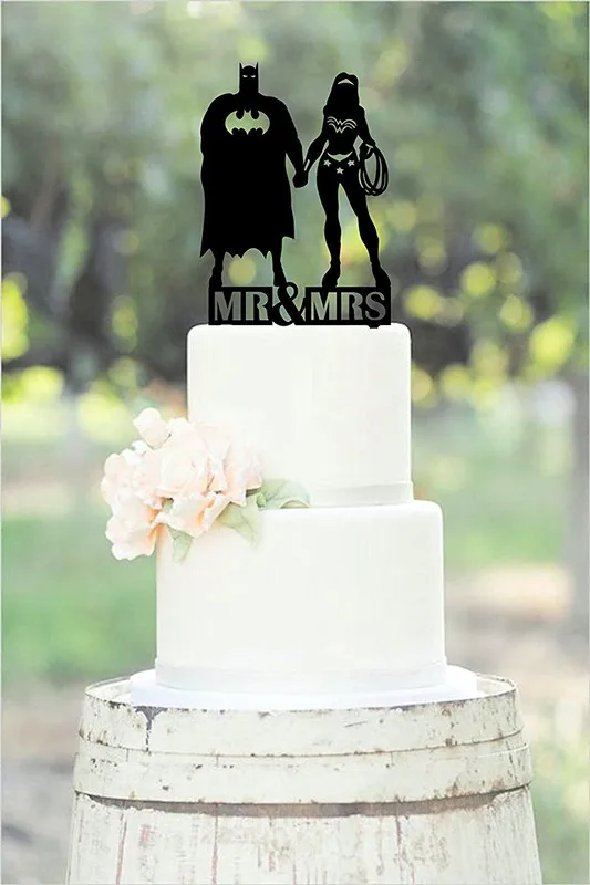 Gold Mr & Mrs Batman Acrylic Wedding Birthday Day Cake Topper Silhouette 