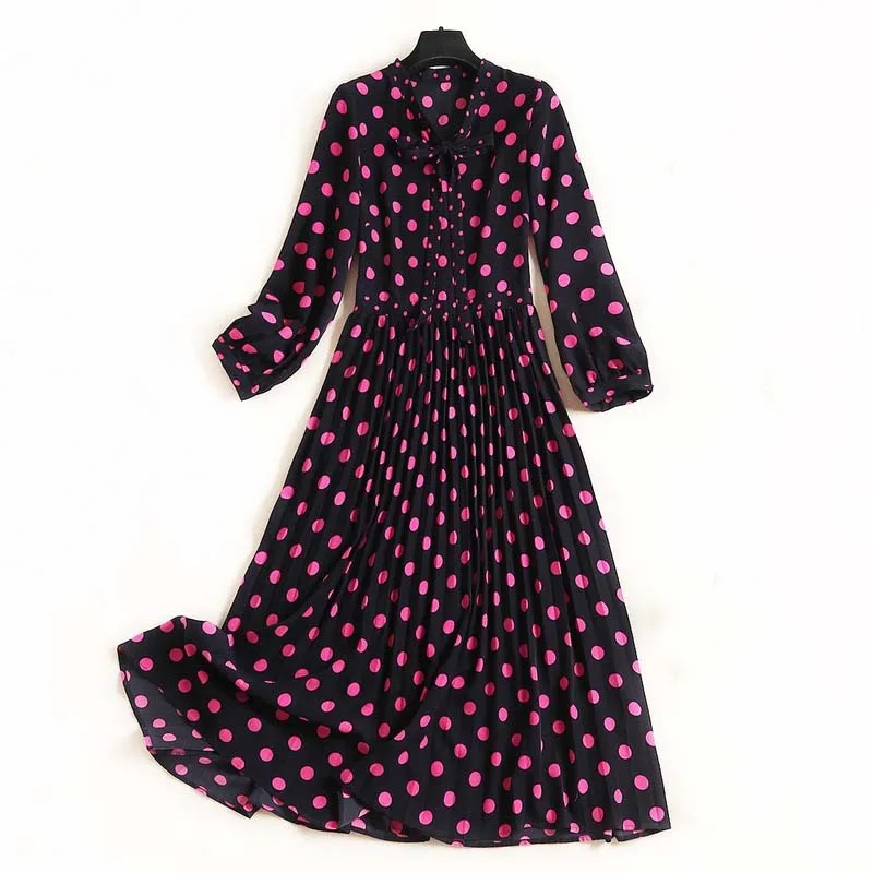 

VERDEJULIAY Runway Polka Dots Dress Women 2020 Long Sleeve Print Vintage Dress Elegant Fashion New Pleated Chiffon Dress