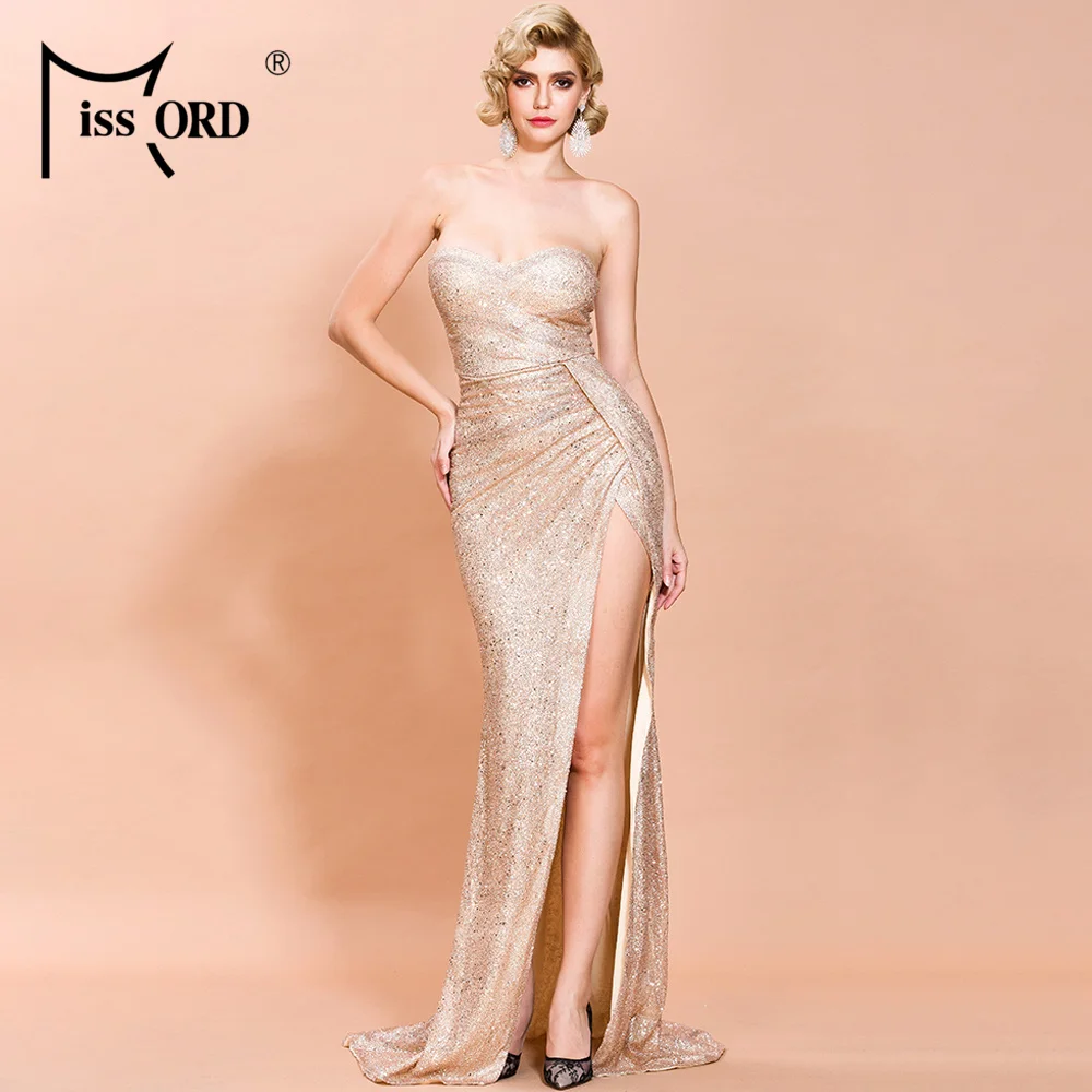 Missord, женское сексуальное платье с вырезом лодочкой и открытыми плечами, блестящее платье, женское элегантное Макси платье с высоким разрезом, FT19888