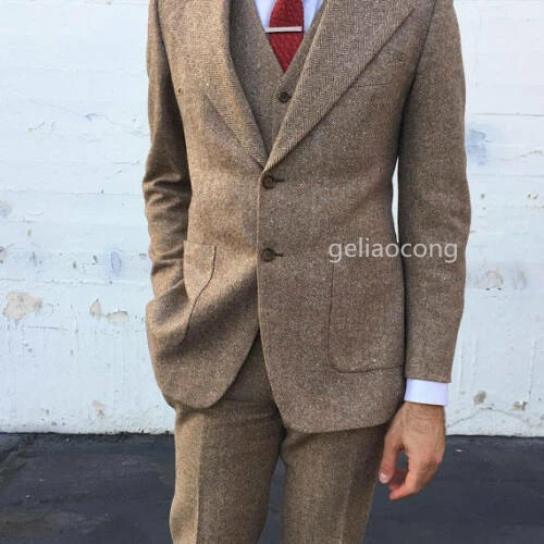 

New Brown Wool Blend Herringbone Men Suits For Wedding Business Groom Tuxedo Tweed Slim Fit Groom Wear 3 Piece Jacket+Vest+Pants