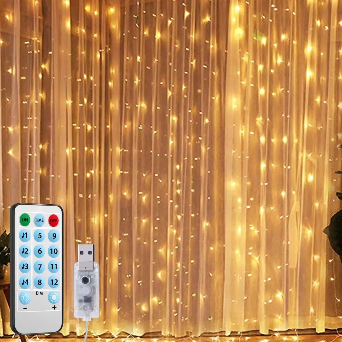 3mx3m LED Curtain Lights with Voice Activated USB Powered 300 LED Fairy String Lights for Chrismas/Bedroom/Parties Sound Control