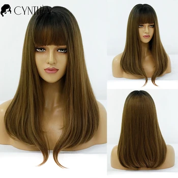 

Long Straight Black to Brown Ombre Synthetic Wig For Black White Women Daily Heat Resistant Natural Fake Hair With Bangs Wigs