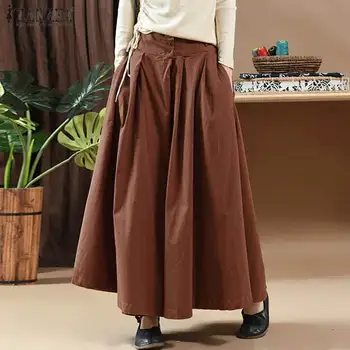 

S 5XL 2020 Summer Swing Pleated Jupe Skirt Vintage Solid Cotton Long Skirts ZANZEA Women Zipper High Waist Vestidos Female Robe