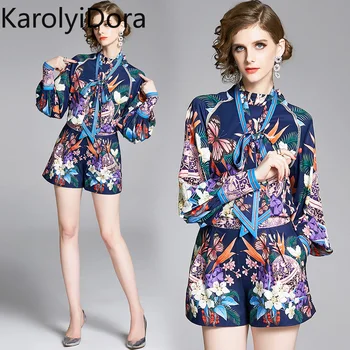 

2020 Summer Holiday Floral Printed Twinest 2 Piece Set Lantern Sleeve Bow Blouse Shirt and Pocket Shorts Mini Pant Vocation Sets