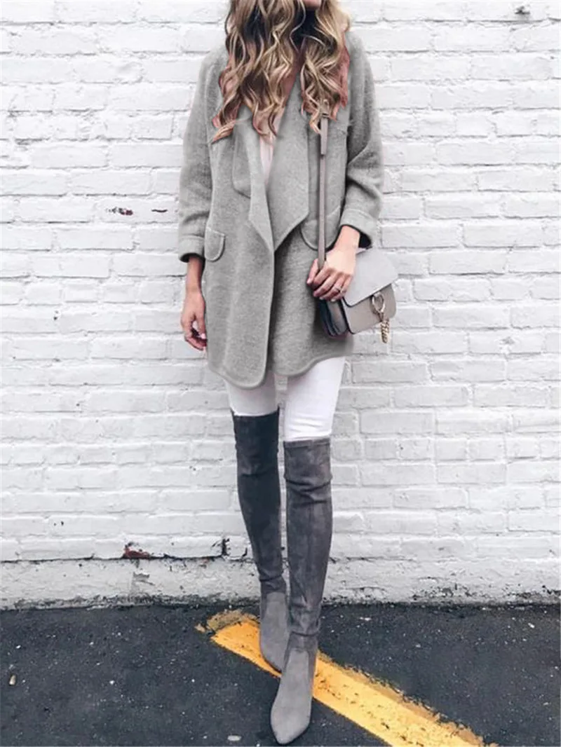 

2019 Autumn And Winter New Fashion Open Stitch Women Coat Long-Sleeved Woolen Coat Women's Turn Down Jackets Top Female Clothes