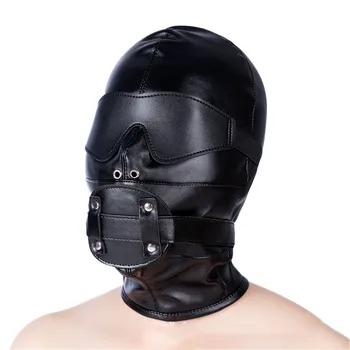 SM Leather Hood Blindfold,Head Harnes Mask With Dildo Penis Mouth Gag,Fetish Slave BDSM Bondage Gimp,Adult Sex Toy For Women Men 2