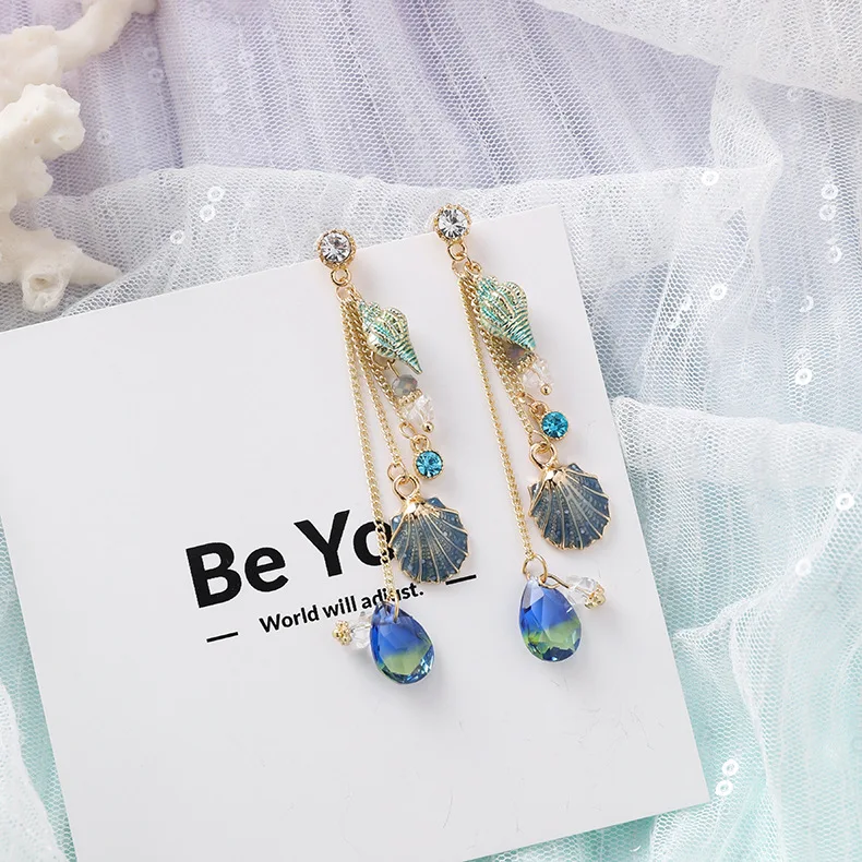 

2019 Korea New Design Hot Sale Fashion Jewelry Alloy Conch Shell Drop Earrings Tassel Long Crystal Earrings for women gift