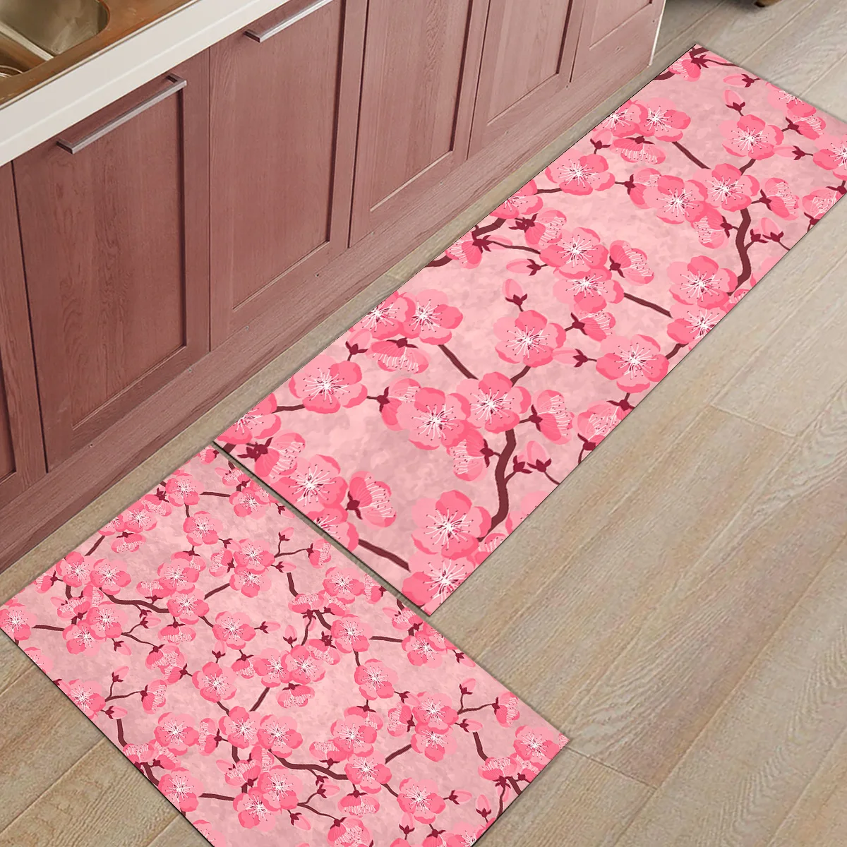 2Pcs/Set Flower Japan Cherry Blossoms Long Kitchen Mat Bath Carpet