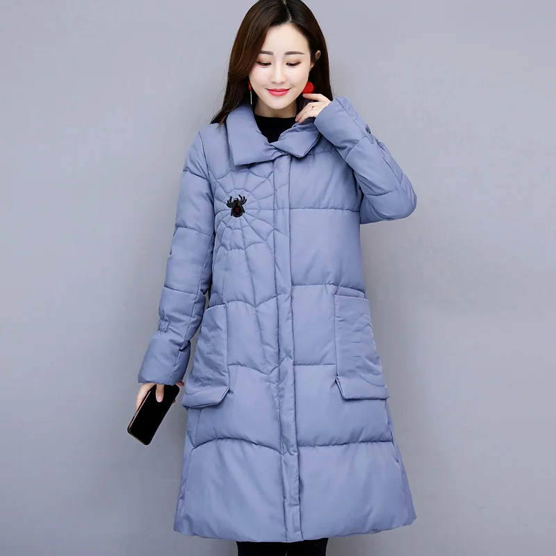 

Cool Embroidered Cotton-padded Clothes Women's 2018 Winter New Style WOMEN'S Dress Large Pocket Cotton Coat Mid-length Spider Pa