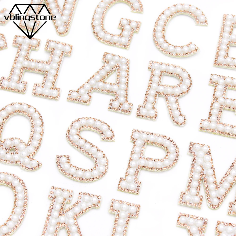 1Pcs Pearl Letter Patches Champagne Rhinestone Sew On Patch For Clothes 3D Beads Applique Shoes Bags Garment | Дом и сад