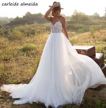 

Lace & Soft Tulle Simple Wedding Dress Spaghetti Straps Backless Sexy Bridal Gowns Wholesale Beach Wedding Dresses