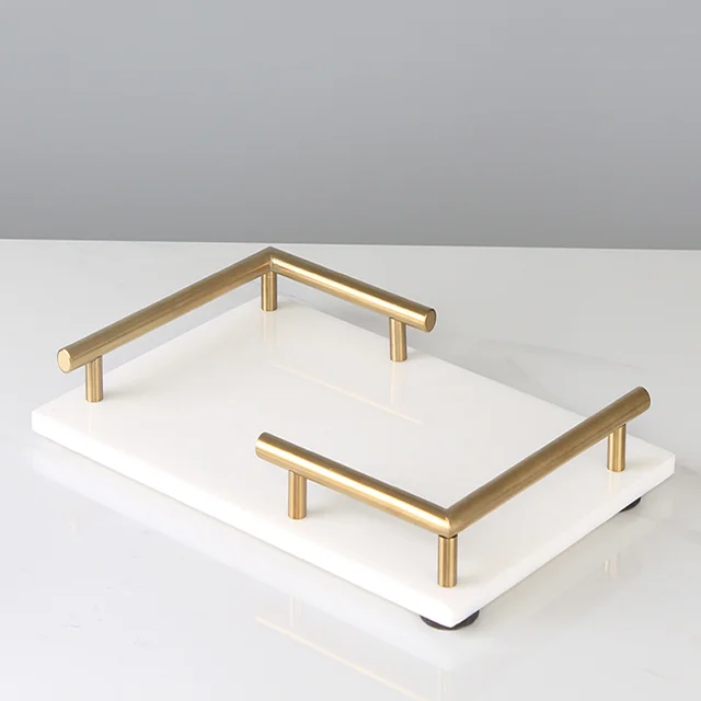 Márvány És Sárgaréz Tea Tálca Fürdőszoba Kozmetikai Polc Gyümölcs/ Tészta Tányér Téglalap Kreatív Tároló Szervezet Arany Fogantyú - Image 2