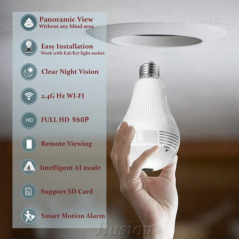 360 градусов Wi Fi лампа мини камера 960P HD CCTV Панорамное ночное видение Обнаружение
