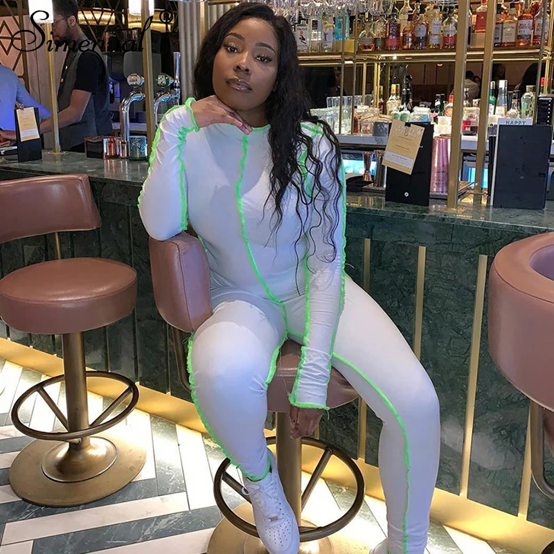 

Simenual Casual Patchwork Sporty Bodycon White Jumpsuits Women Long Sleeve Skinny Workout Active Wear Striped Jumpsuit Autumn