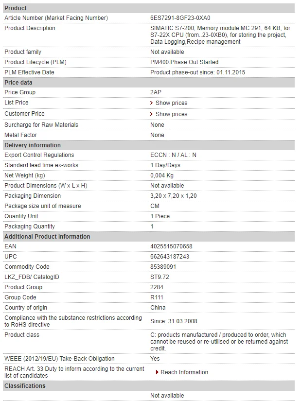 1PC Siemens S7-200 Cartridge 64k Memory 6ES7291-8GF23-0XA0 NEW 