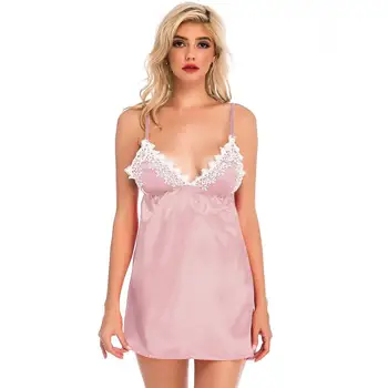 

Plus Size Women's Sexy Lingerie Silk Lace Satin V-Neck Nightdress Sleepwear Сорочка женская ночная nachtkleding T@