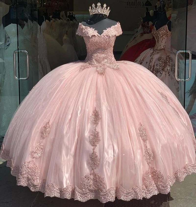 Vestido De fiesta De quinceañera para mujer, Vestido rosa modesto, con apliques De encaje sin hombros, 16 vestidos De 15 años|Vestidos de quinceañera| -