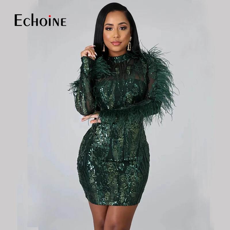 

Echoine silver Sequin Mesh Deep V Hollow Dress Women Sexy Long sleeve Club Party Dresses Lady Female Bodycon Dress Plus Size