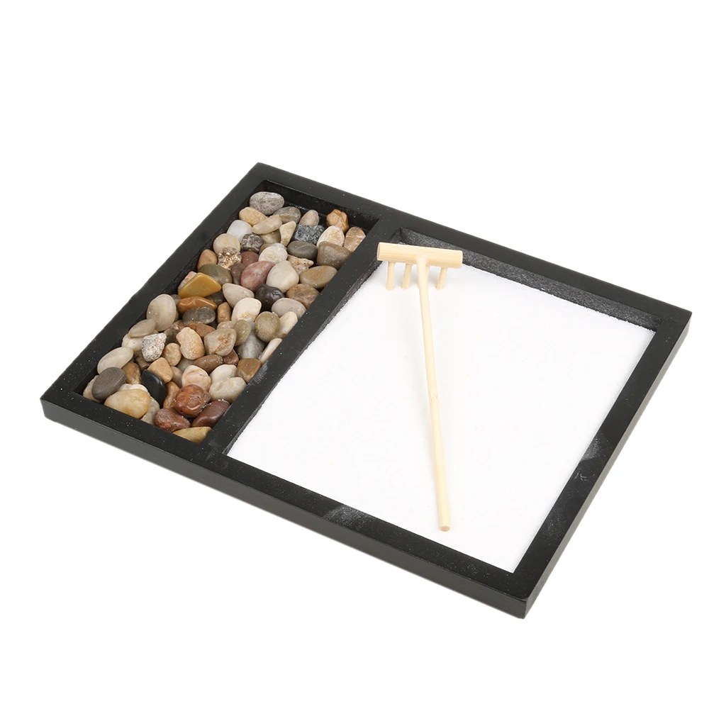 Zen Garden Sand Tray Stone Wooden Rake Sands Home Room Fengshui Ornament