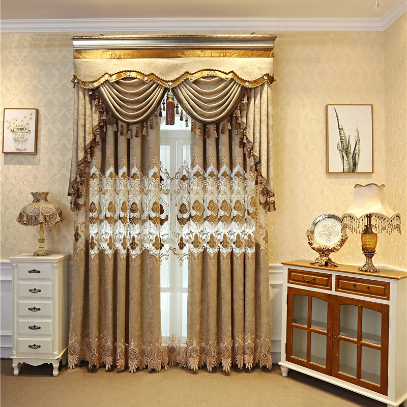 

Modern luxury chenille embroidered curtains for living room windows high quality brown villa curtain for bedroom hotel kitchen