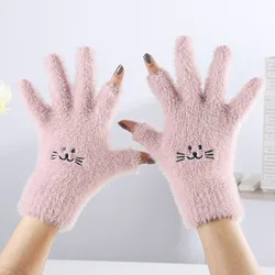 New Cashmere Embroidery Winter Gloves Cat Face Cartoon Fashion Plush Mittens Adult Leaking Two Finger Touch Screen Warm Gloves