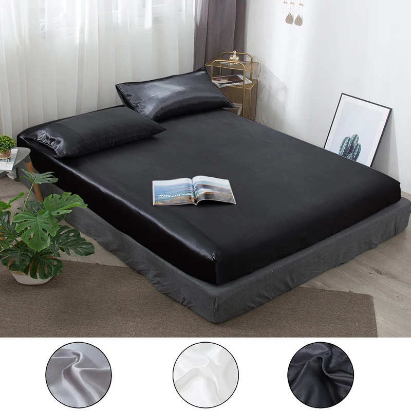 

Black Color Fitted Sheet Satin Silk Mattress Cover Set King Size Smooth Soft Cool Bed Sheet With Elastic Rope For Summer Literie