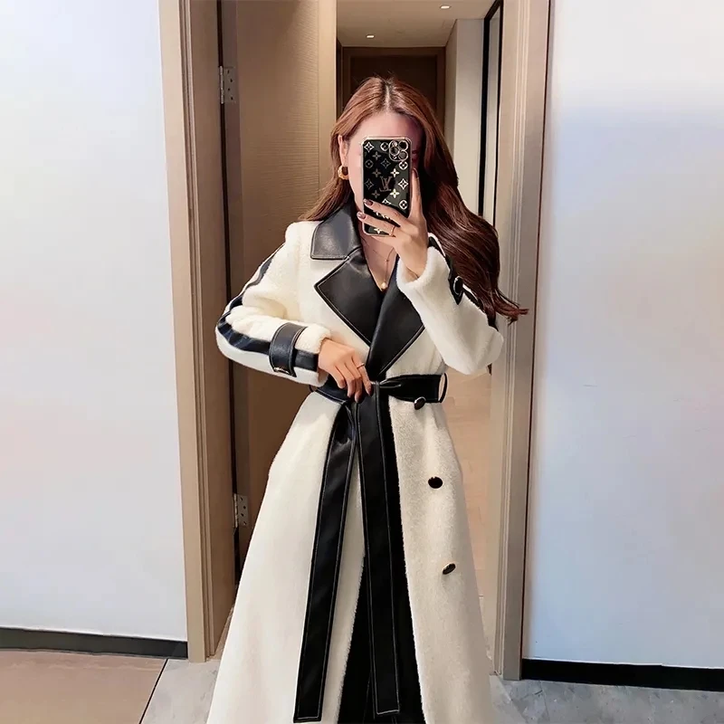 

Woolen Cloth Coat Women Korean Fashion Patchwork Long Abrigo Mujer Winter Trench Jacket Suit Collar Faux Mink Fur Outerwear