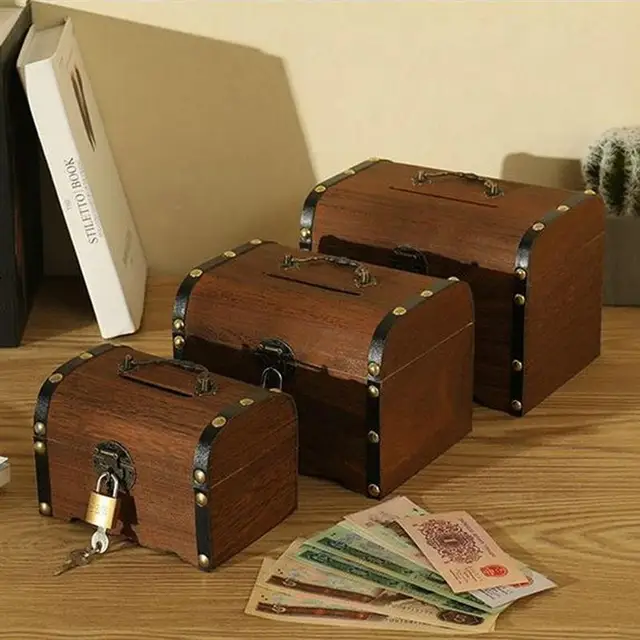 Retro Piggy Bank Wooden Safe Money Box Savings with Lock Cash Coins 22 styles Saving Box ATM Bank Safe Box for Kids toys Gifts 2