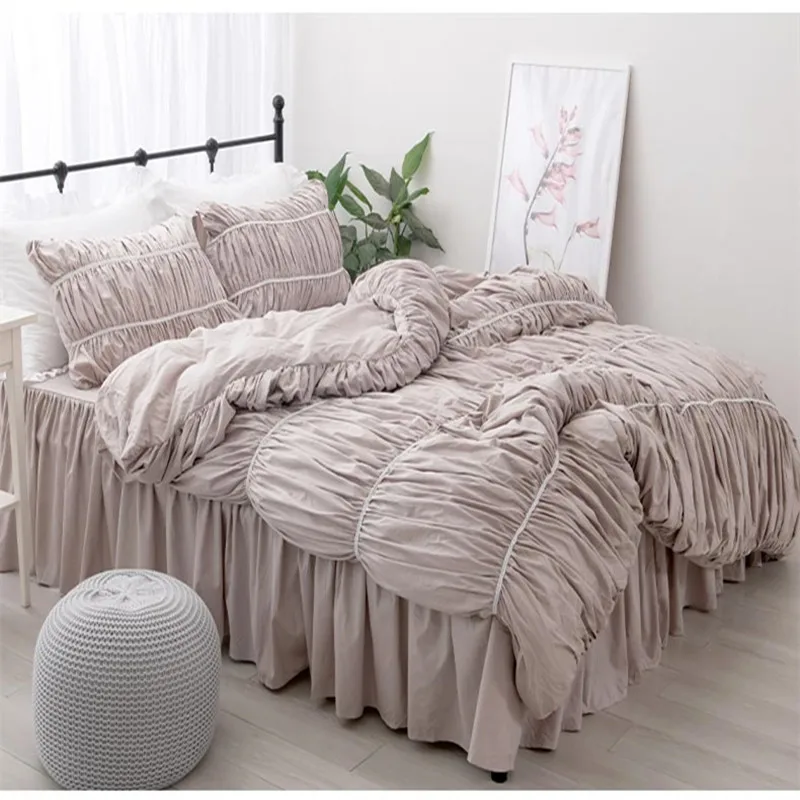 Free shipping Korean princess cotton 3/4pcs light khaki gray bedding set twin full queen king size wave ruffles bed skirt YYX